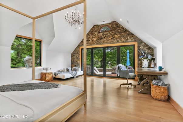 Bedroom, Chandelier, Fireplace, Home Office, Interior, Recessed Lighting, Stone Walls, Wood Texture Flooring