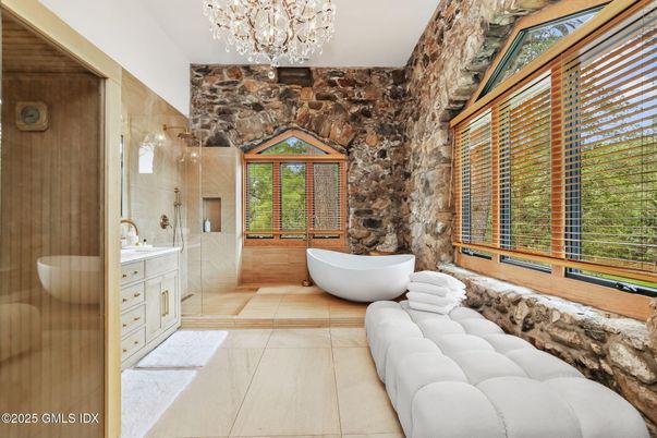 Bathroom, Chandelier, Free Standing Baths, Interior, Stone Walls