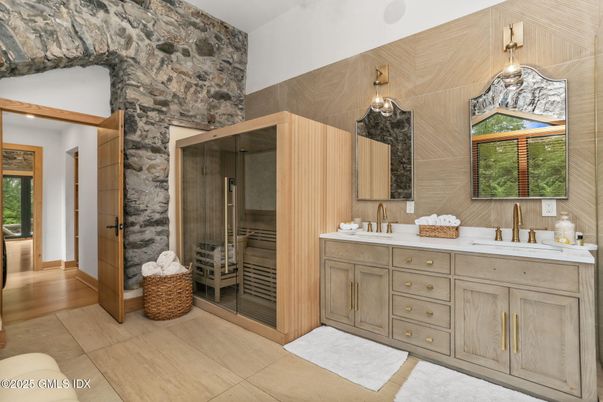 Bathroom, Dual Sink Vanities, Glass Shower, Interior, Wood Texture Flooring