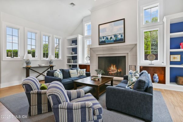 Fireplace, Interior, Living room, Recessed Lighting, Wood Texture Flooring