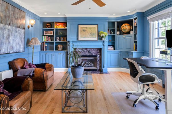 Fireplace, Home Office, Interior, Living room, Recessed Lighting, Wood Texture Flooring