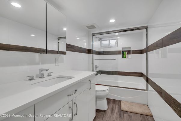 Bathroom, Glass Shower, Interior, Recessed Lighting, Wood Texture Flooring