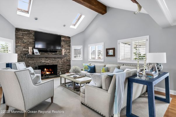 Fireplace, Interior, Living room, Recessed Lighting, Stone Walls, Wooden Beams, Wood Texture Flooring