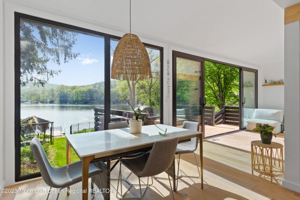 Dining room, Interior, Pendant Lights, Water, Wood Texture Flooring