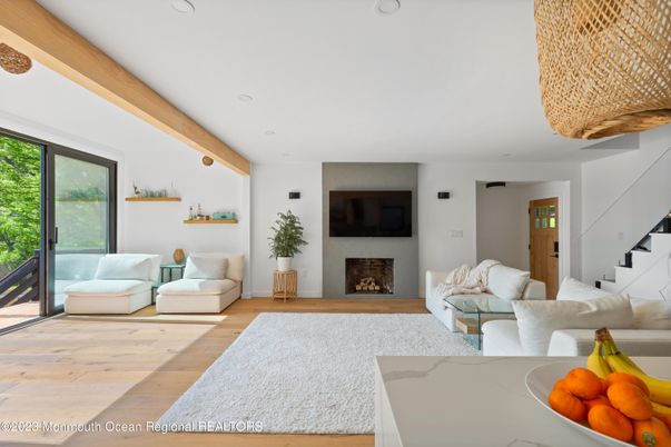 Fireplace, Interior, Living room, Recessed Lighting, Wooden Beams, Wood Texture Flooring