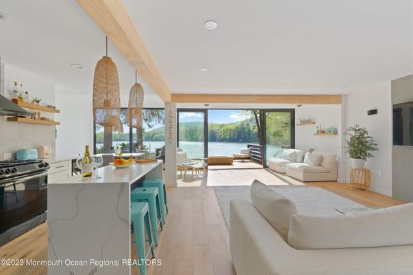 Interior, Kitchen, Living room, Pendant Lights, Recessed Lighting, Wooden Beams, Wood Texture Flooring