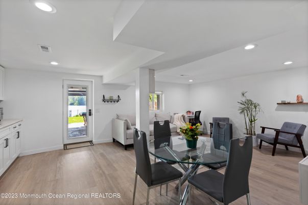 Dining room, Interior, Living room, Recessed Lighting, Wood Texture Flooring