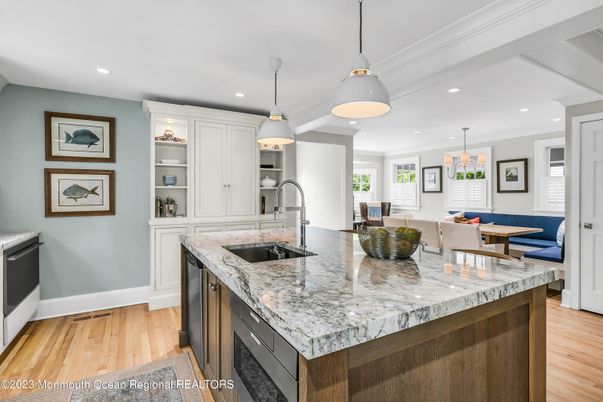 Interior, Kitchen, Pendant Lights, Recessed Lighting, Wood Texture Flooring