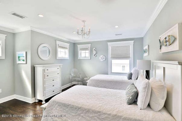 Bedroom, Chandelier, Interior, Recessed Lighting, Wood Texture Flooring