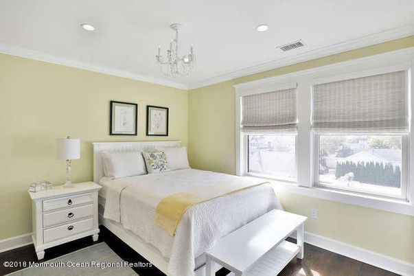Bedroom, Chandelier, Interior, Recessed Lighting, Wood Texture Flooring