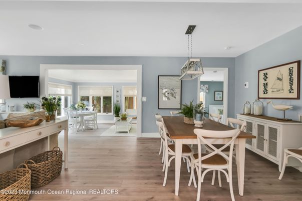 Dining room, Interior, Pendant Lights, Wood Texture Flooring