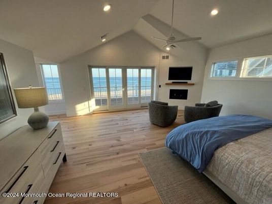 Bedroom, Fireplace, Interior, Recessed Lighting, Wood Texture Flooring