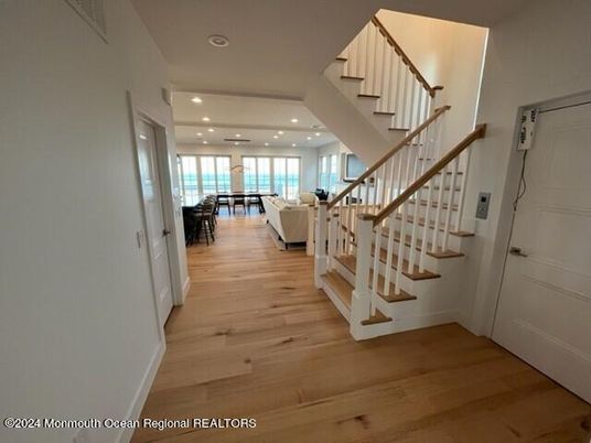 Dining room, Interior, Living room, Recessed Lighting, Wood Texture Flooring