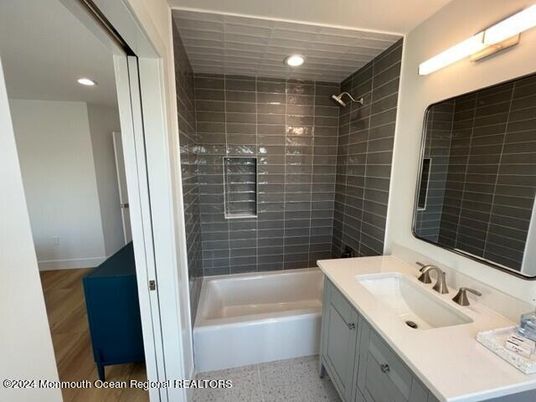 Bathroom, Glass Shower, Interior, Recessed Lighting, Wood Texture Flooring