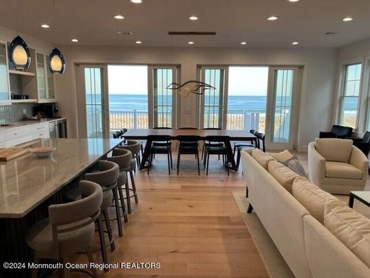 Dining room, Interior, Living room, Pendant Lights, Recessed Lighting, Water, Wood Texture Flooring
