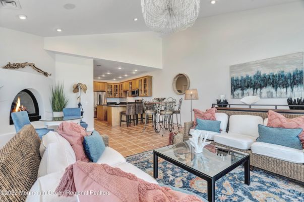 Fireplace, Interior, Kitchen, Living room, Recessed Lighting, Stainless Steel Appliances
