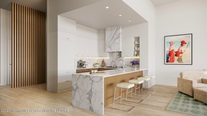 Interior, Kitchen, Marble Walls, Recessed Lighting, Wood Texture Flooring