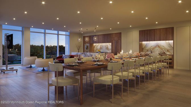 Dining room, Interior, Living room, Marble Walls, Pendant Lights, Recessed Lighting, Wood Texture Flooring