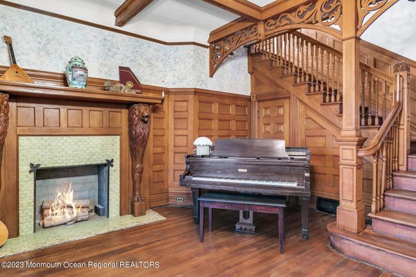 Fireplace, Interior, Piano, Wood Texture Flooring, Wooden Walls