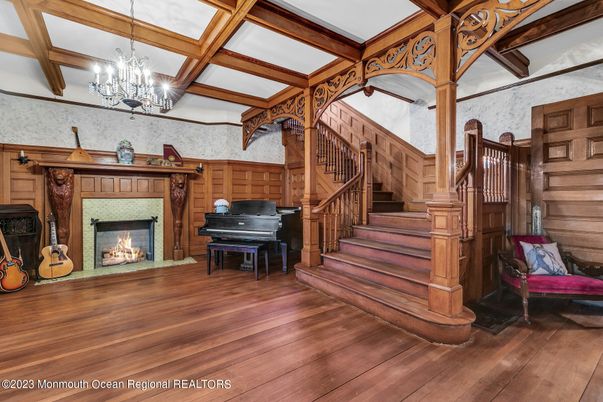 Chandelier, Fireplace, Interior, Piano, Wooden Beams, Wood Texture Flooring, Wooden Walls