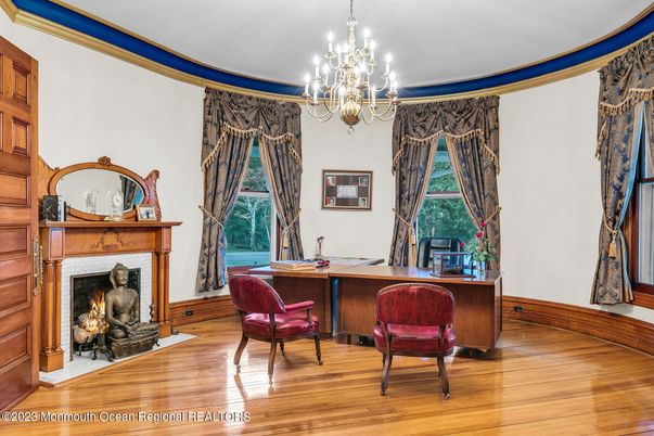 Chandelier, Fireplace, Home Office, Interior, Wood Texture Flooring