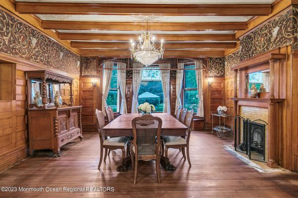 Chandelier, Dining room, Fireplace, Interior, Wooden Beams, Wood Texture Flooring, Wooden Walls