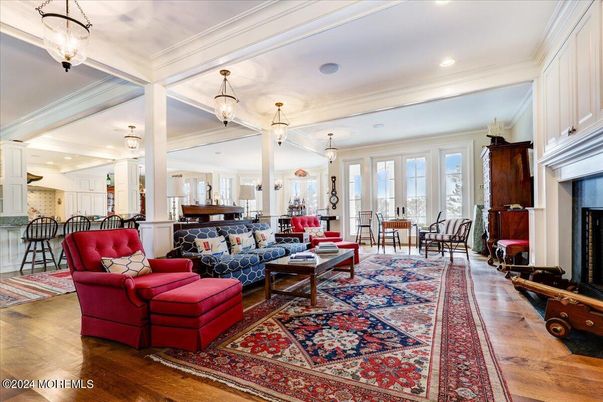 Dining room, Fireplace, Interior, Kitchen, Living room, Pendant Lights, Recessed Lighting, Wood Texture Flooring