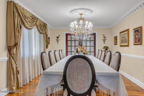 Chandelier, Dining room, Interior, Wood Texture Flooring