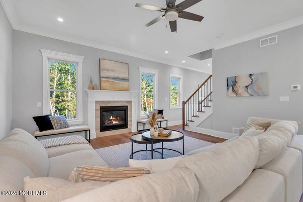 Fireplace, Interior, Living room, Recessed Lighting, Wood Texture Flooring