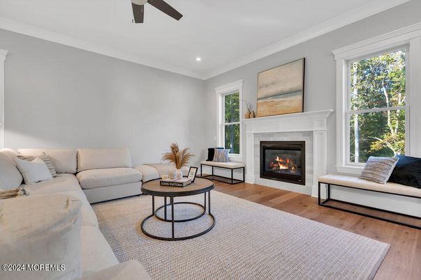 Fireplace, Interior, Living room, Recessed Lighting, Wood Texture Flooring