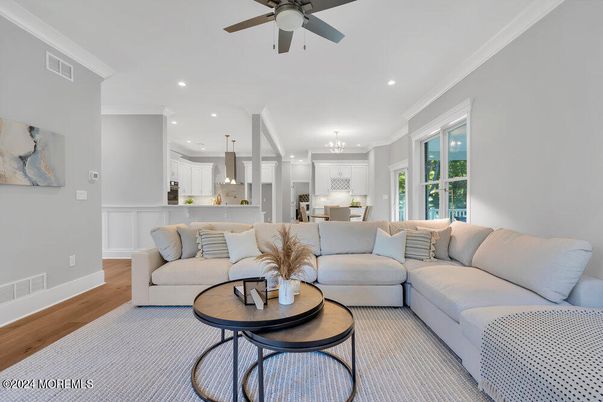 Dining room, Interior, Kitchen, Living room, Pendant Lights, Recessed Lighting, Stainless Steel Appliances, Wood Texture Flooring