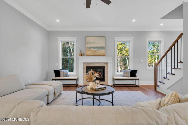 Fireplace, Interior, Living room, Recessed Lighting, Wood Texture Flooring