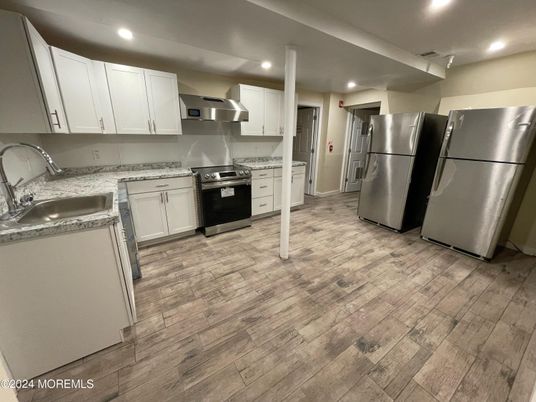 Interior, Kitchen, Recessed Lighting, Stainless Steel Appliances, Wood Texture Flooring