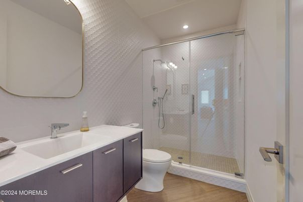 Bathroom, Glass Shower, Interior, Recessed Lighting, Wood Texture Flooring