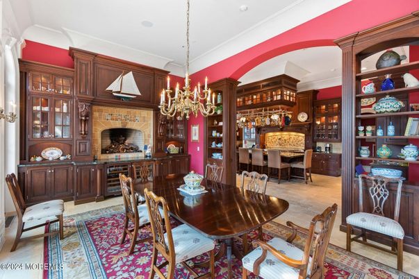 Chandelier, Dining room, Fireplace, Interior, Wood Texture Flooring