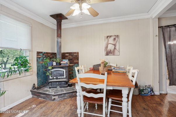 Dining room, Fireplace, Interior, Wood Texture Flooring