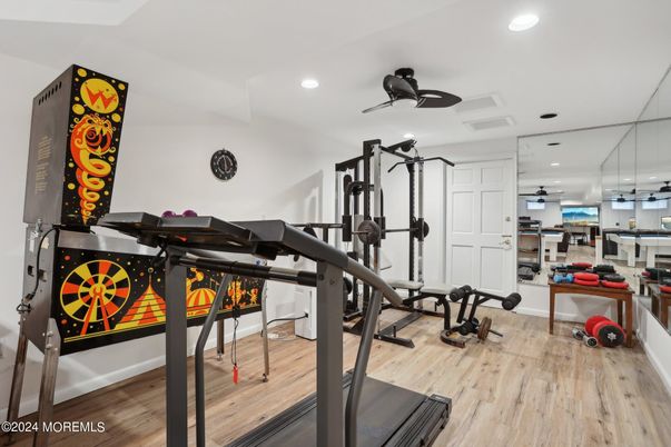 Fitness Equipment, Gym, Interior, Recessed Lighting, Wood Texture Flooring