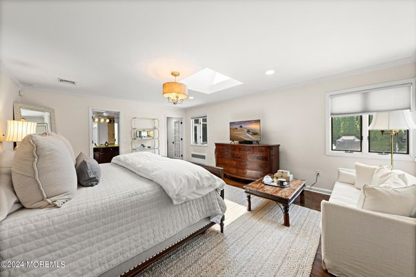 Bedroom, Chandelier, Interior, Recessed Lighting, Wood Texture Flooring