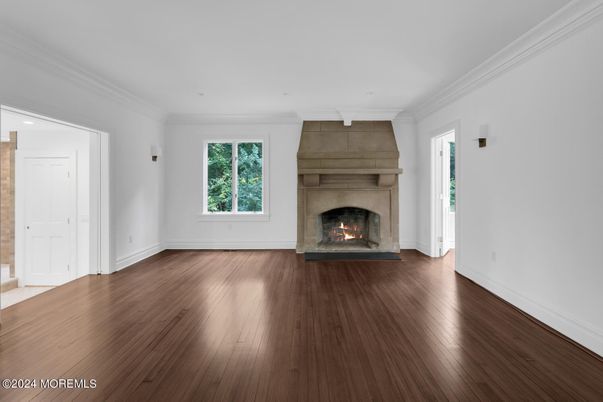 Empty room, Fireplace, Interior, Recessed Lighting, Wood Texture Flooring