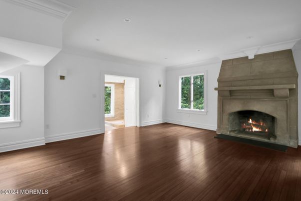 Empty room, Fireplace, Interior, Recessed Lighting, Wood Texture Flooring