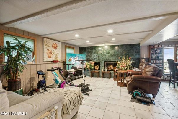 Fireplace, Interior, Living room, Recessed Lighting, Stone Walls