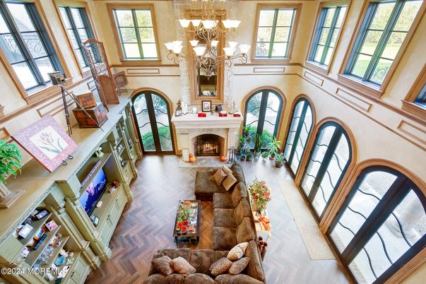 Chandelier, Fireplace, Interior, Living room
