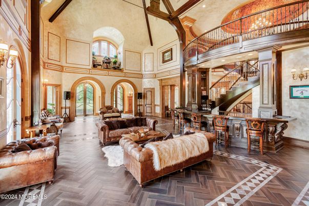 Chandelier, Interior, Living room, Recessed Lighting, Wooden Beams, Wood Texture Flooring