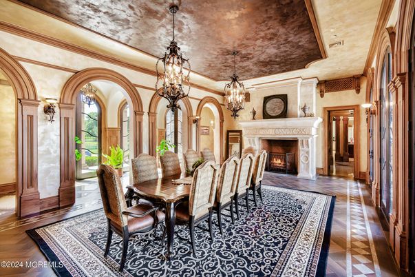 Chandelier, Dining room, Fireplace, Interior, Pendant Lights, Wood Texture Flooring
