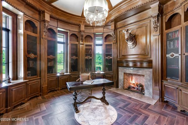Fireplace, Home Office, Interior, Wood Texture Flooring, Wooden Walls