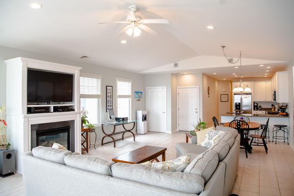 Dining room, Fireplace, Interior, Kitchen, Living room, Pendant Lights, Recessed Lighting