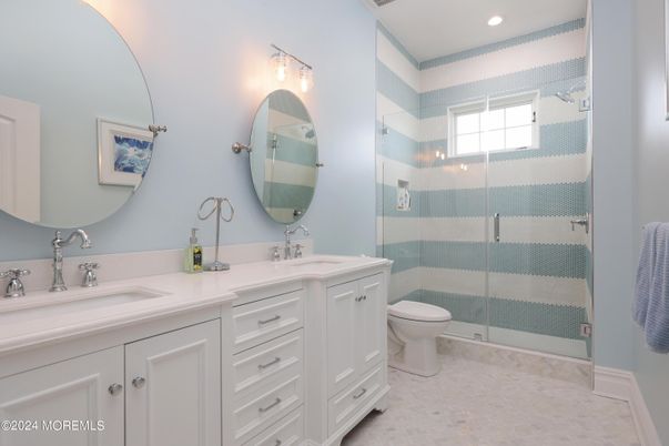 Bathroom, Dual Sink Vanities, Glass Shower, Interior, Recessed Lighting