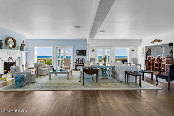 Dining room, Fireplace, Interior, Living room, Water, Wood Texture Flooring