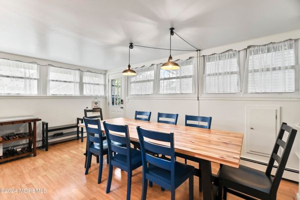 Dining room, Interior, Pendant Lights, Wood Texture Flooring