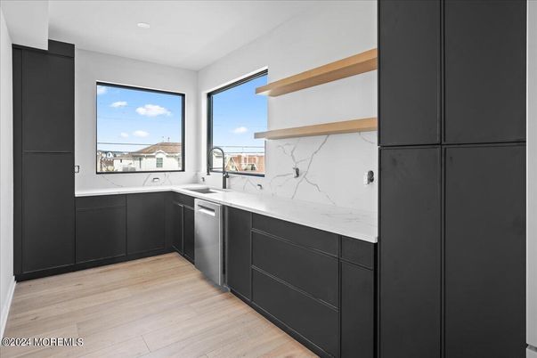 Interior, Kitchen, Marble Walls, Recessed Lighting, Wood Texture Flooring